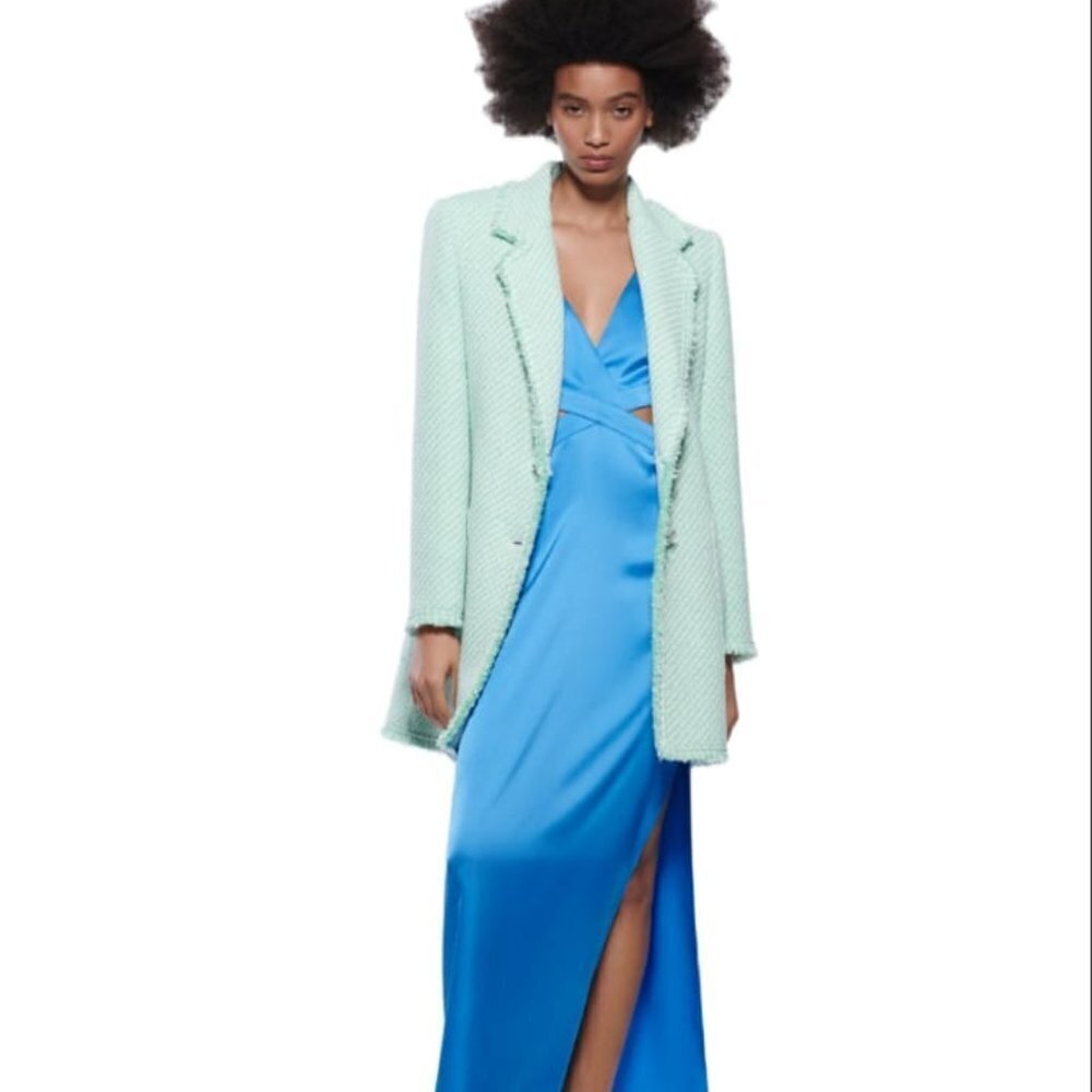 ZARA TEXTURED COAT WITH FRAYED TRIMS WHITE / GREEN | 2867/154 SIZE XS